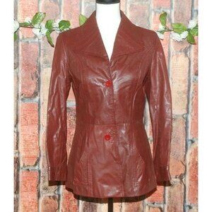 Casual Corner Ladies Brown Leather Jacket Size 11 Long Sleeve Double Button